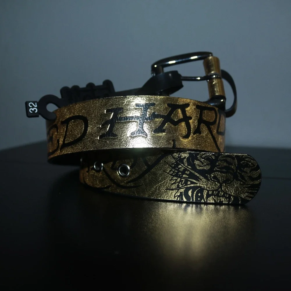 NWT Ed Hardy Mens Graphic Y2K Belt Gold Black Gold-Tone Size 32